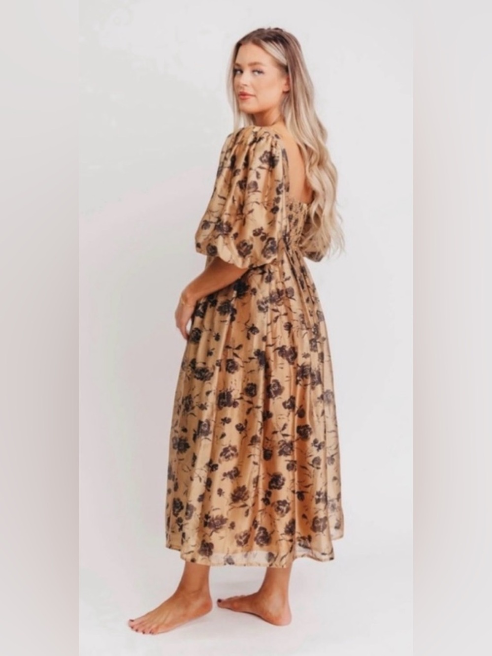 Floral Puff-Sleeve Midi Dress in Mustard
